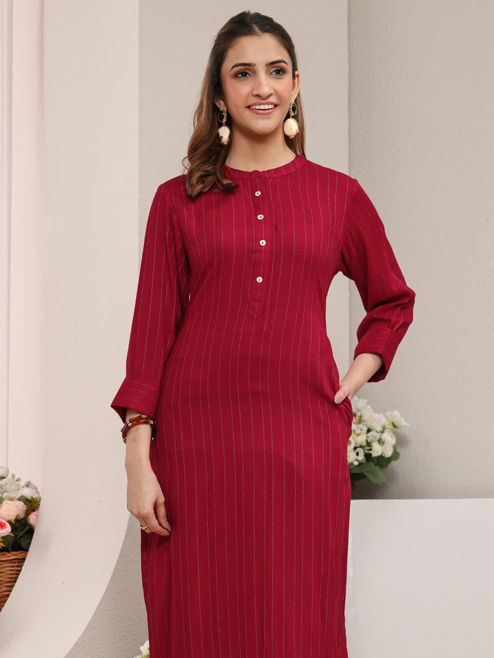 Red Striped Woven Design Rayon Straight Kurta
