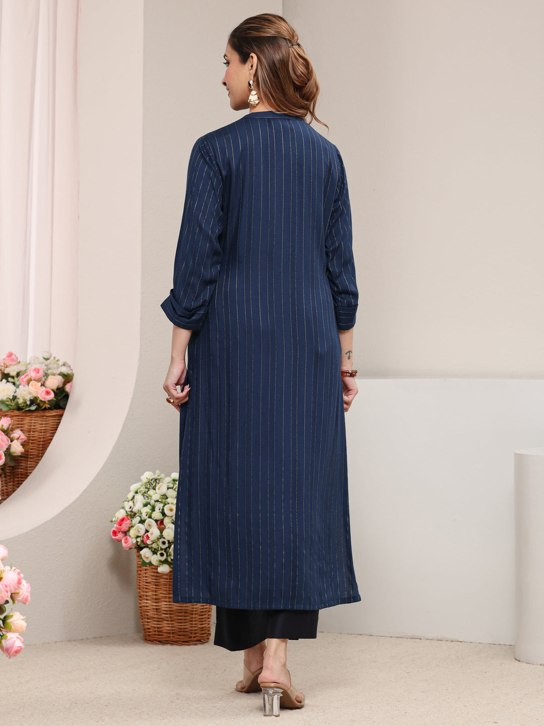 Blue Striped Woven Design Rayon Straight Kurta