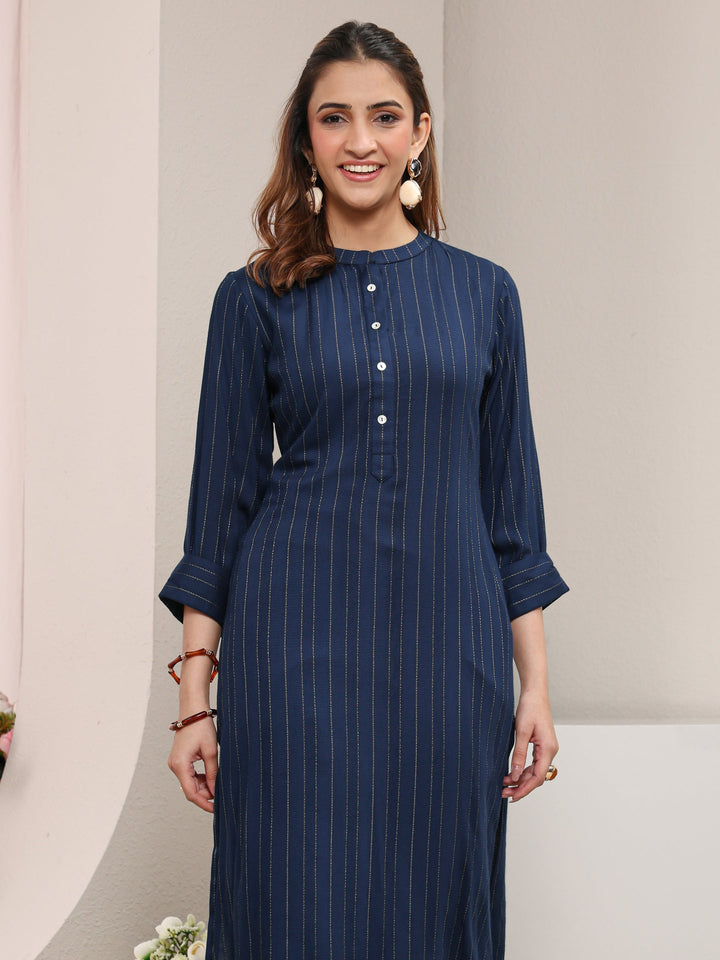 Blue Striped Woven Design Rayon Straight Kurta