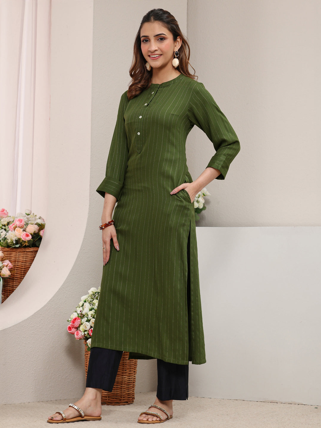 Green Striped Woven Design Rayon Straight Kurta