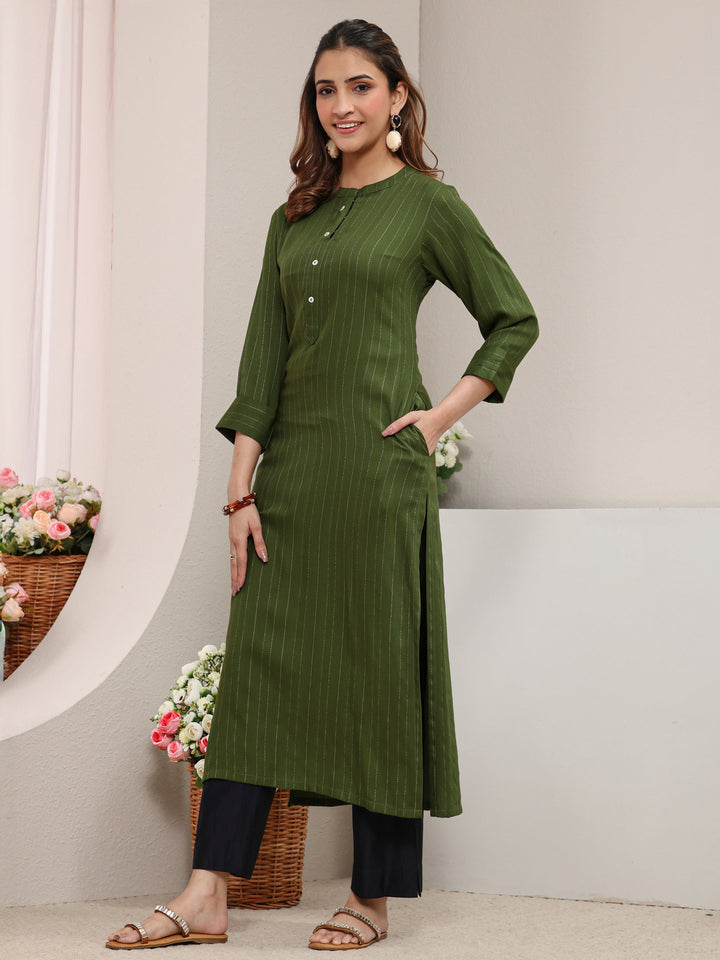 Green Striped Woven Design Rayon Straight Kurta