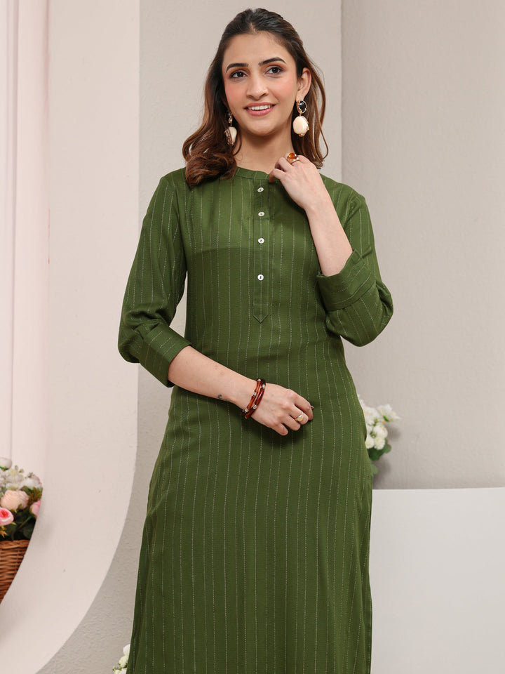 Green Striped Woven Design Rayon Straight Kurta