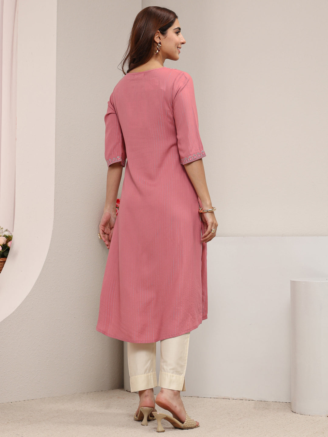 Pink Striped Embellished Rayon Straight Kurta