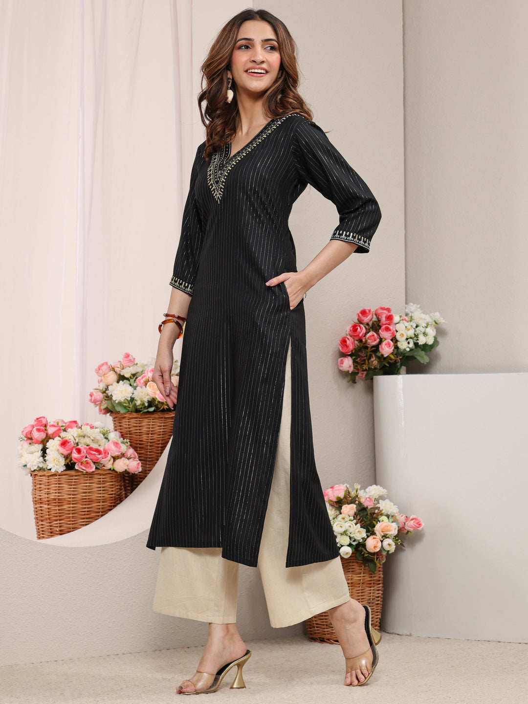 Black Striped Embellished Rayon Straight Kurta
