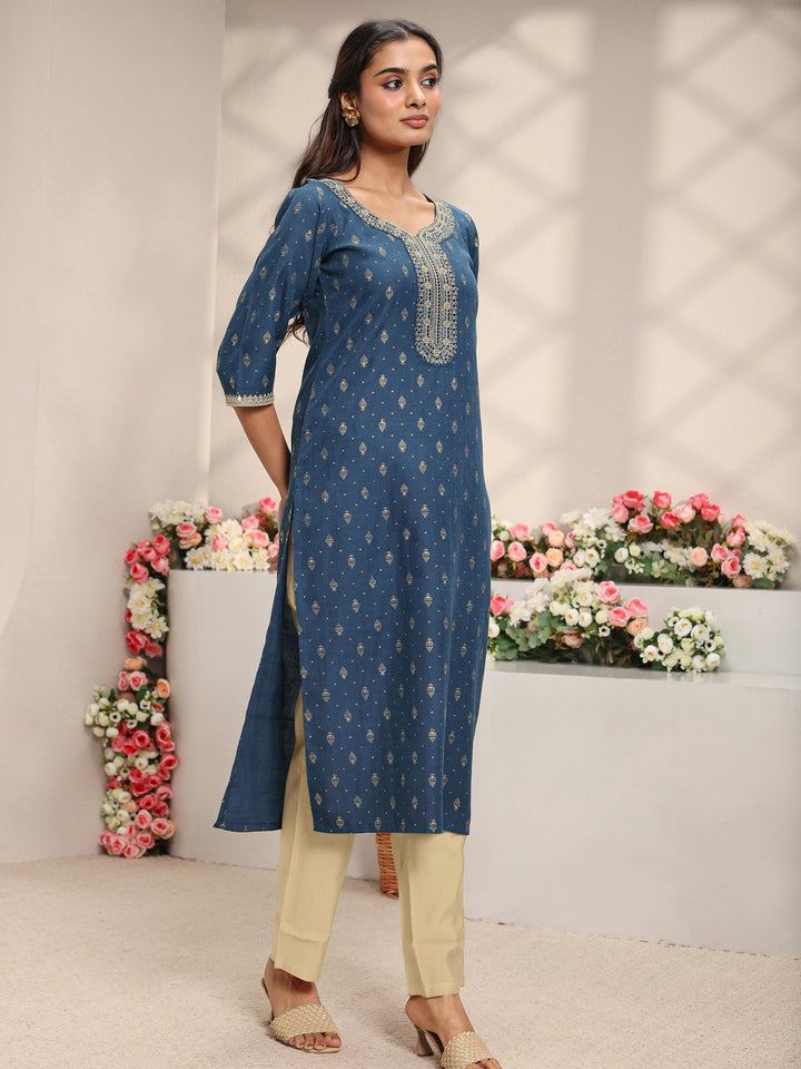 Blue Ethnic Motifs Printed Cotton Blend Straight Kurta