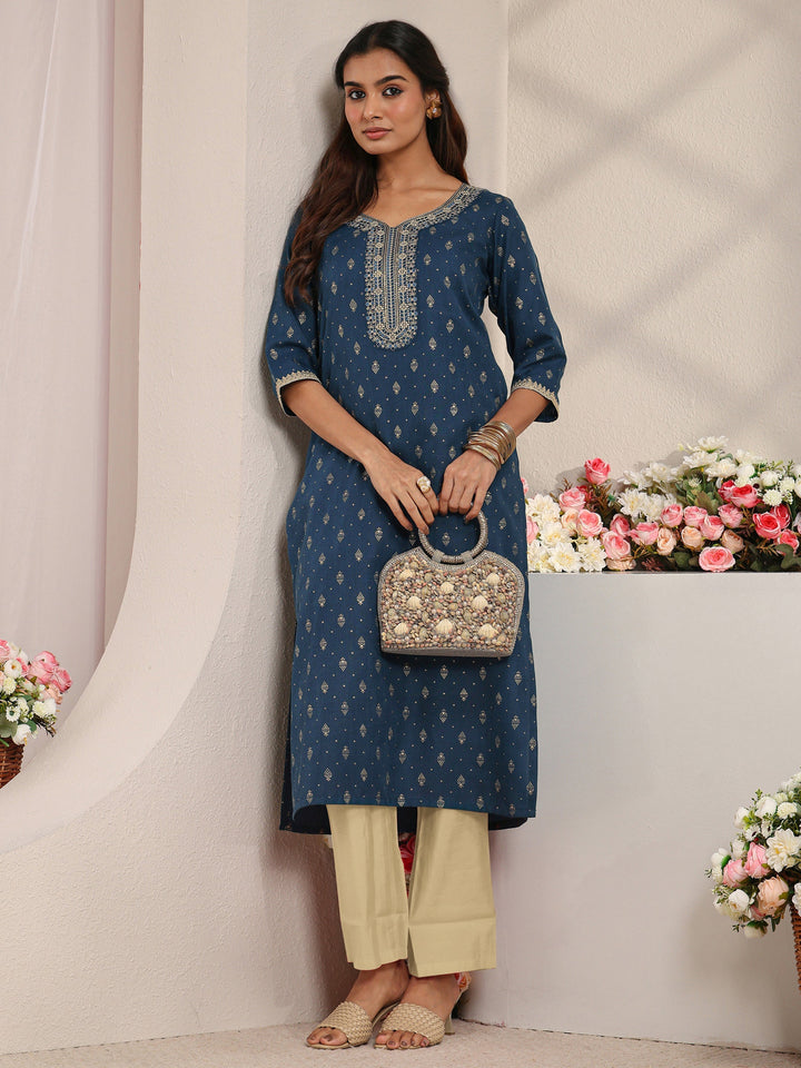 Blue Ethnic Motifs Printed Cotton Blend Straight Kurta