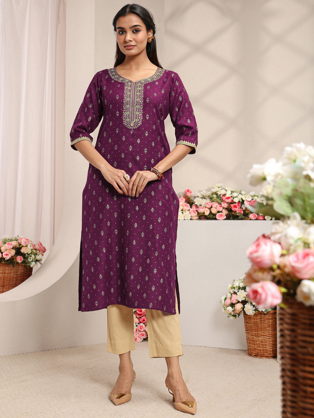 Burgundy Ethnic Motifs Printed Cotton Blend Straight Kurta
