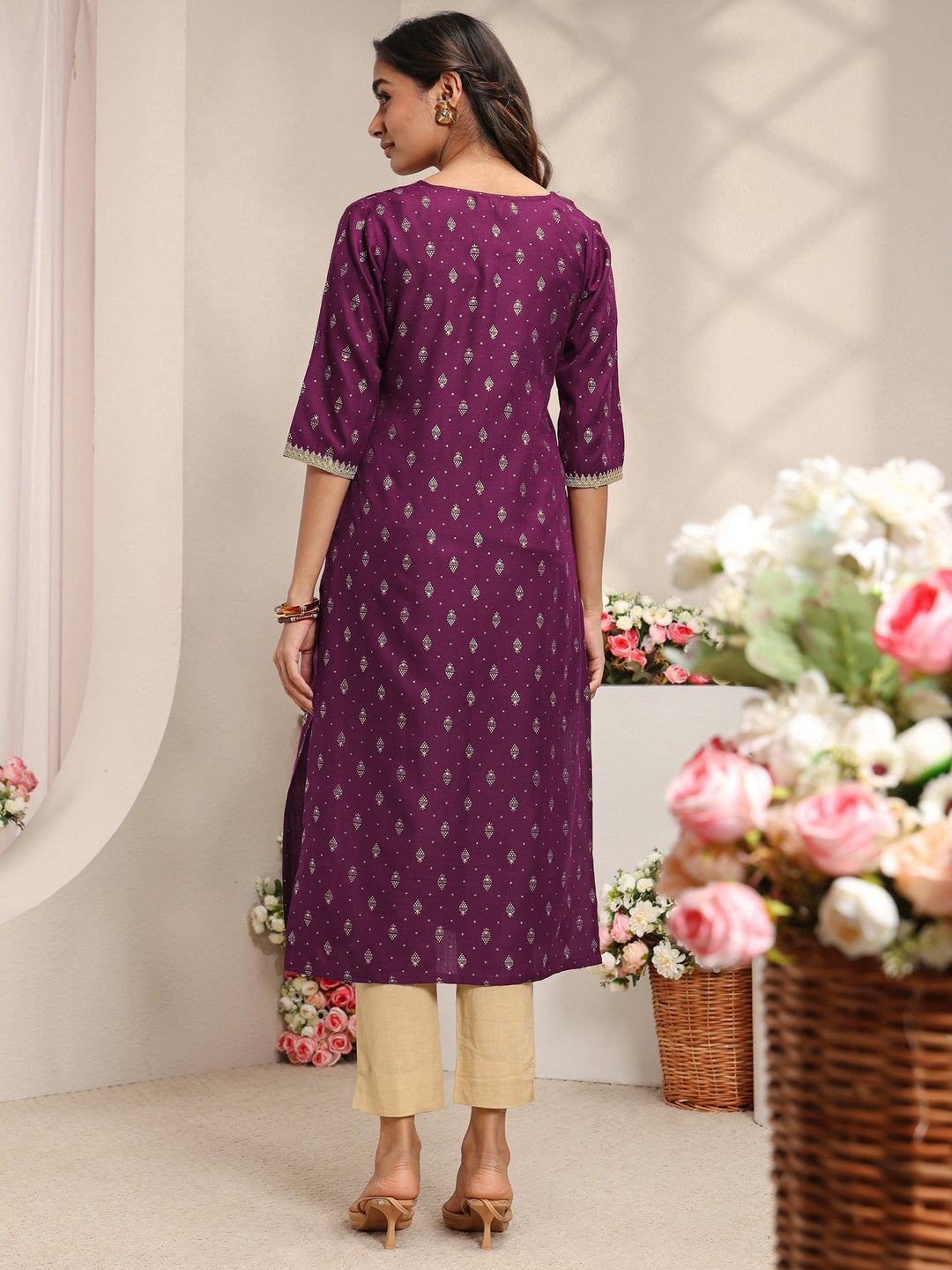 Burgundy Ethnic Motifs Printed Cotton Blend Straight Kurta