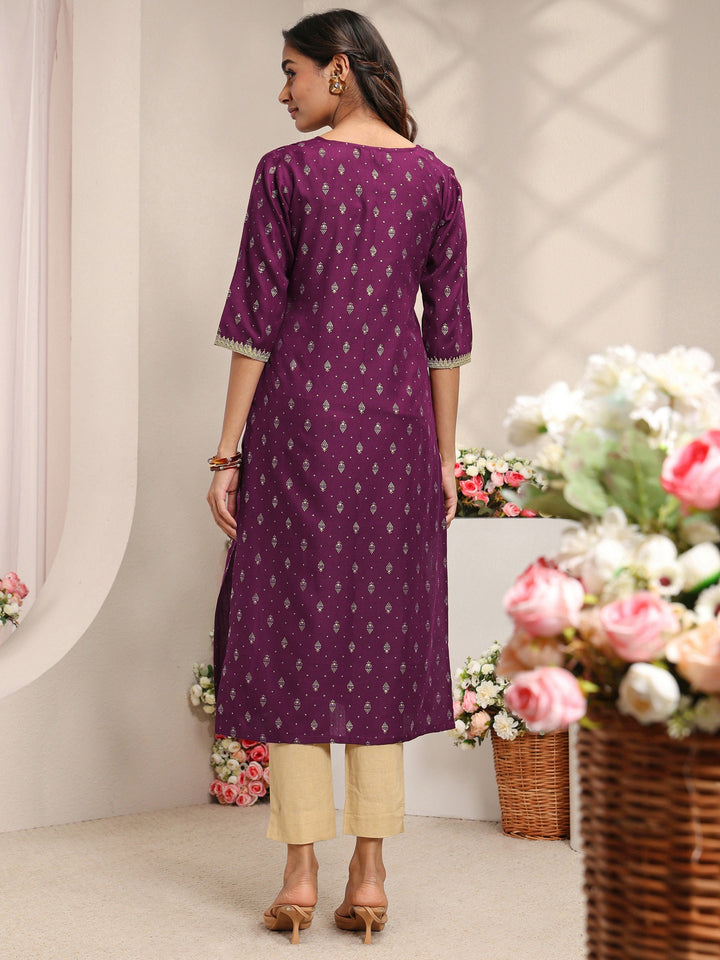 Burgundy Ethnic Motifs Printed Cotton Blend Straight Kurta