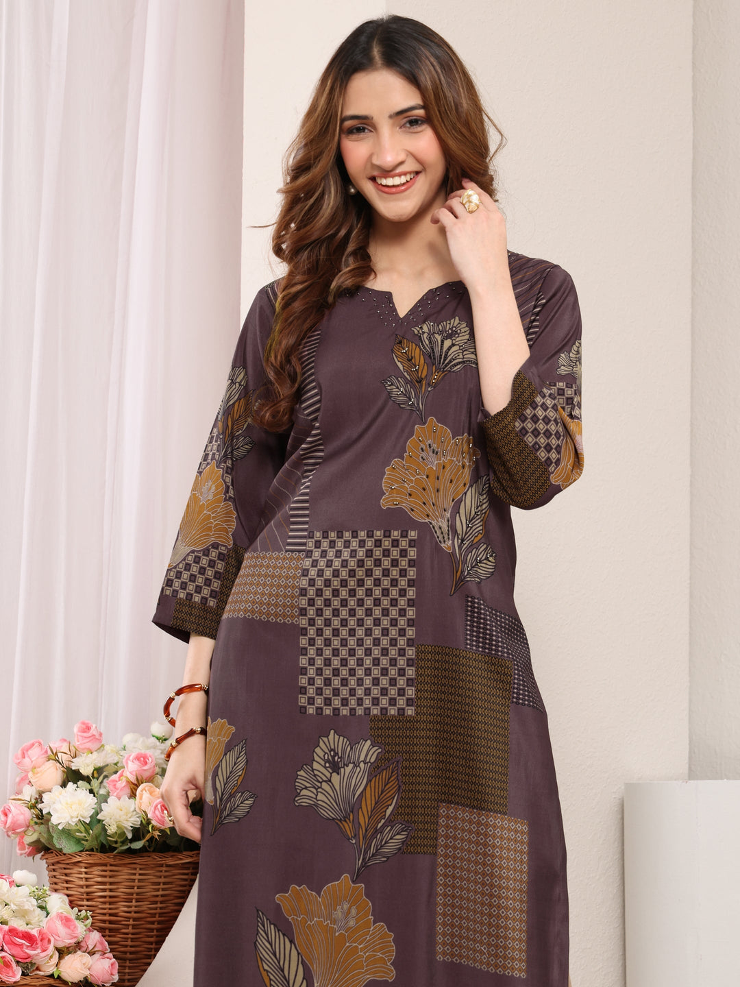 Taupe Abstract Printed Silk Blend Straight Kurta