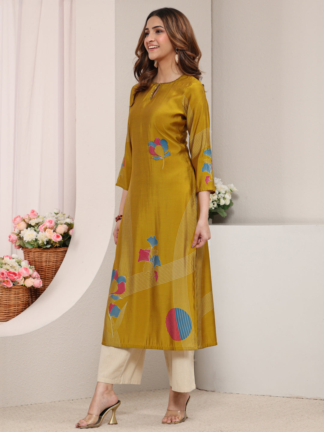 Mustard Printed Silk Blend Straight Kurta