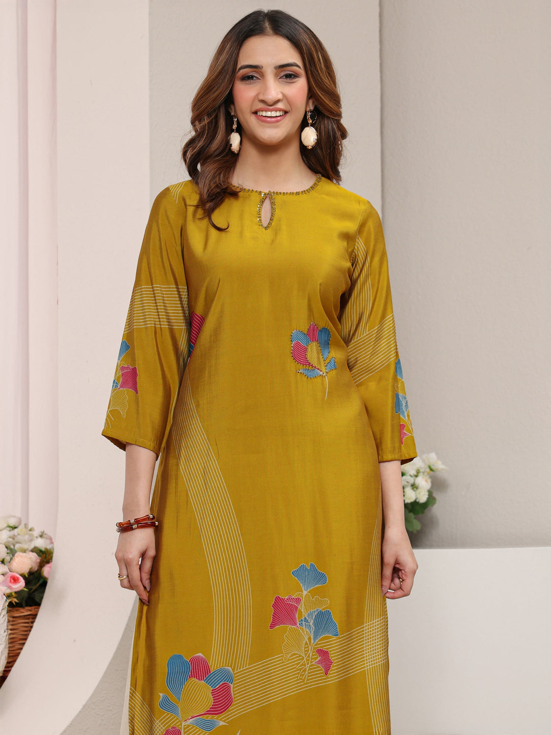 Mustard Printed Silk Blend Straight Kurta