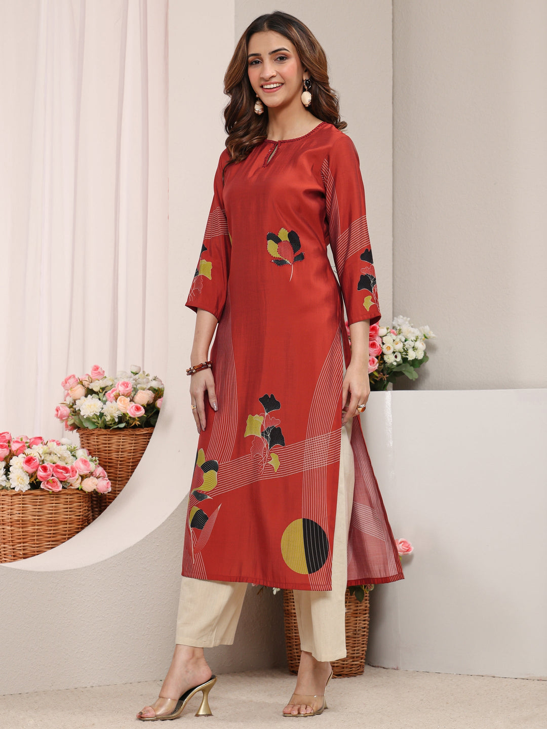 Rust Printed Silk Blend Straight Kurta