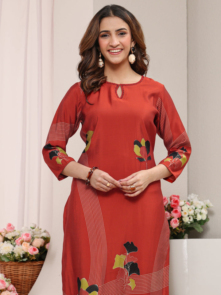 Rust Printed Silk Blend Straight Kurta