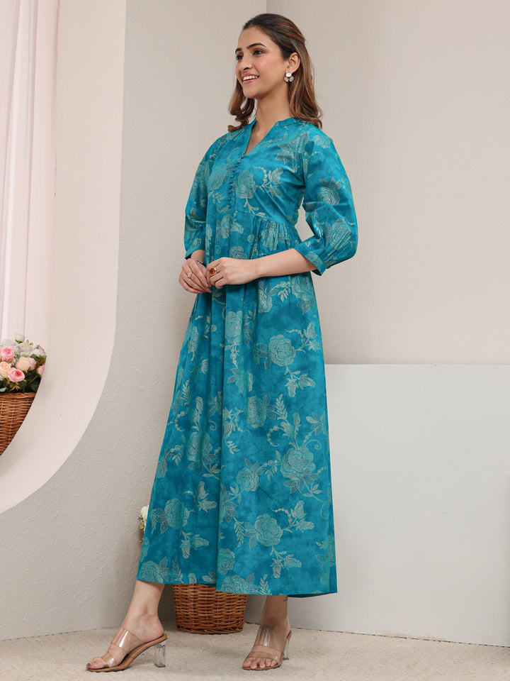 Blue Floral Printed Cotton A-Line One Piece Dress