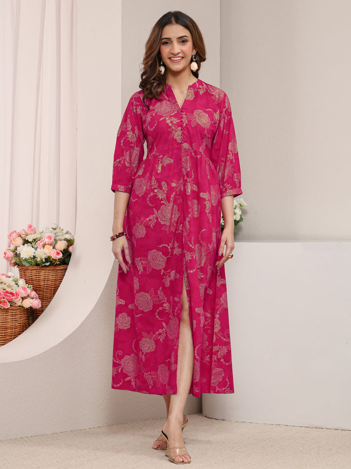 Pink Floral Printed Cotton A-Line One Piece Dress