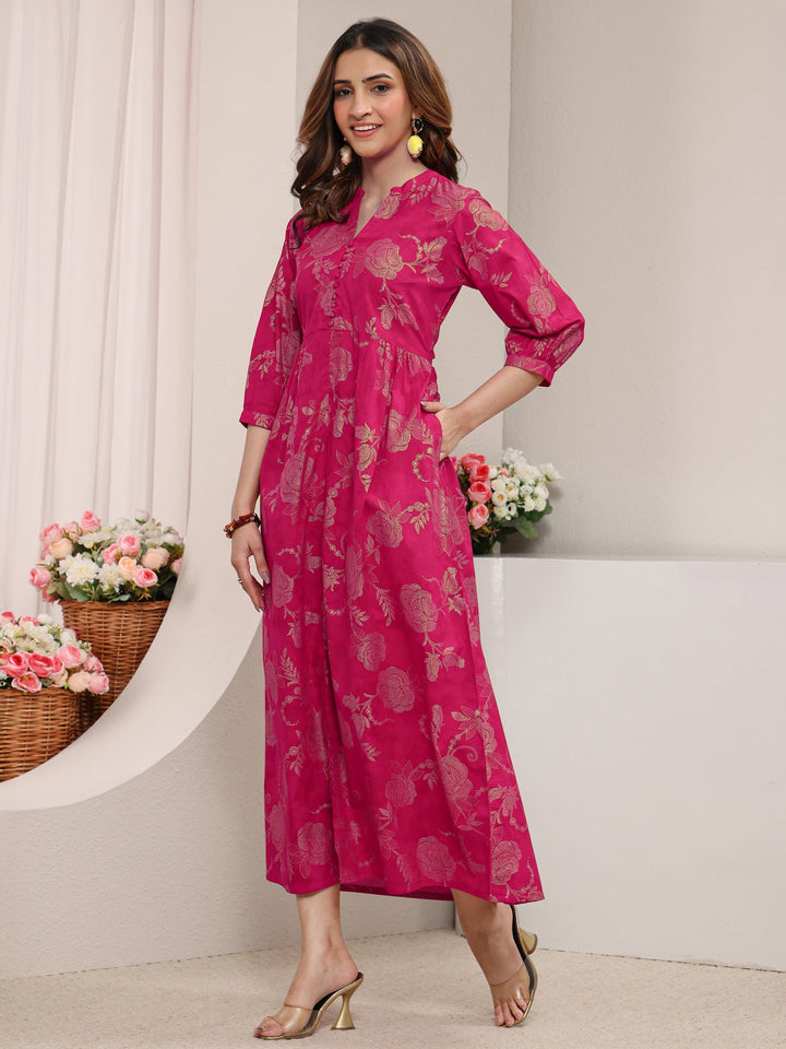Pink Floral Printed Cotton A-Line One Piece Dress