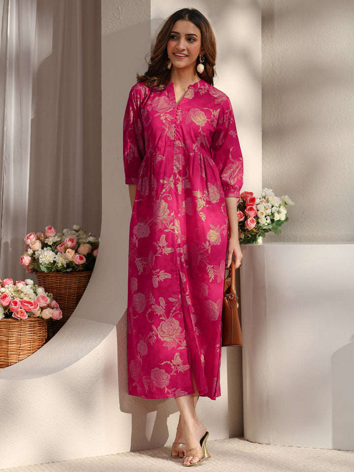 Pink Floral Printed Cotton A-Line One Piece Dress