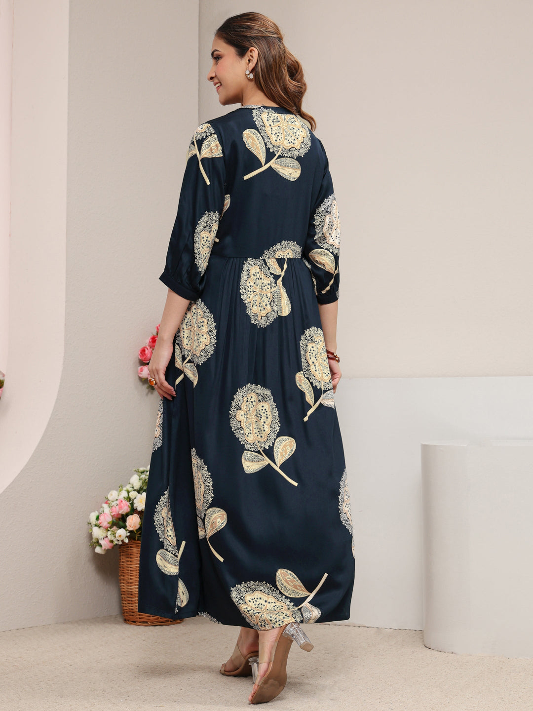 Navy Blue Floral Printed Silk Blend A-Line One Piece Dress