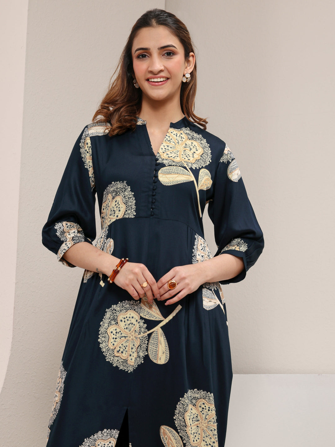 Navy Blue Floral Printed Silk Blend A-Line One Piece Dress
