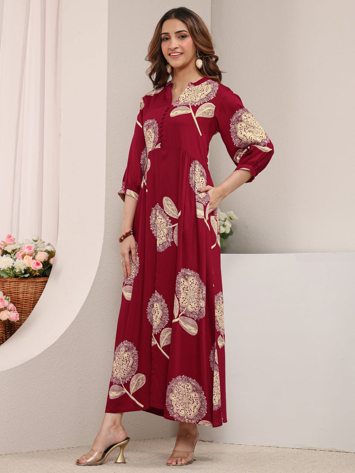 Red Floral Printed Silk Blend A-Line One Piece Dress