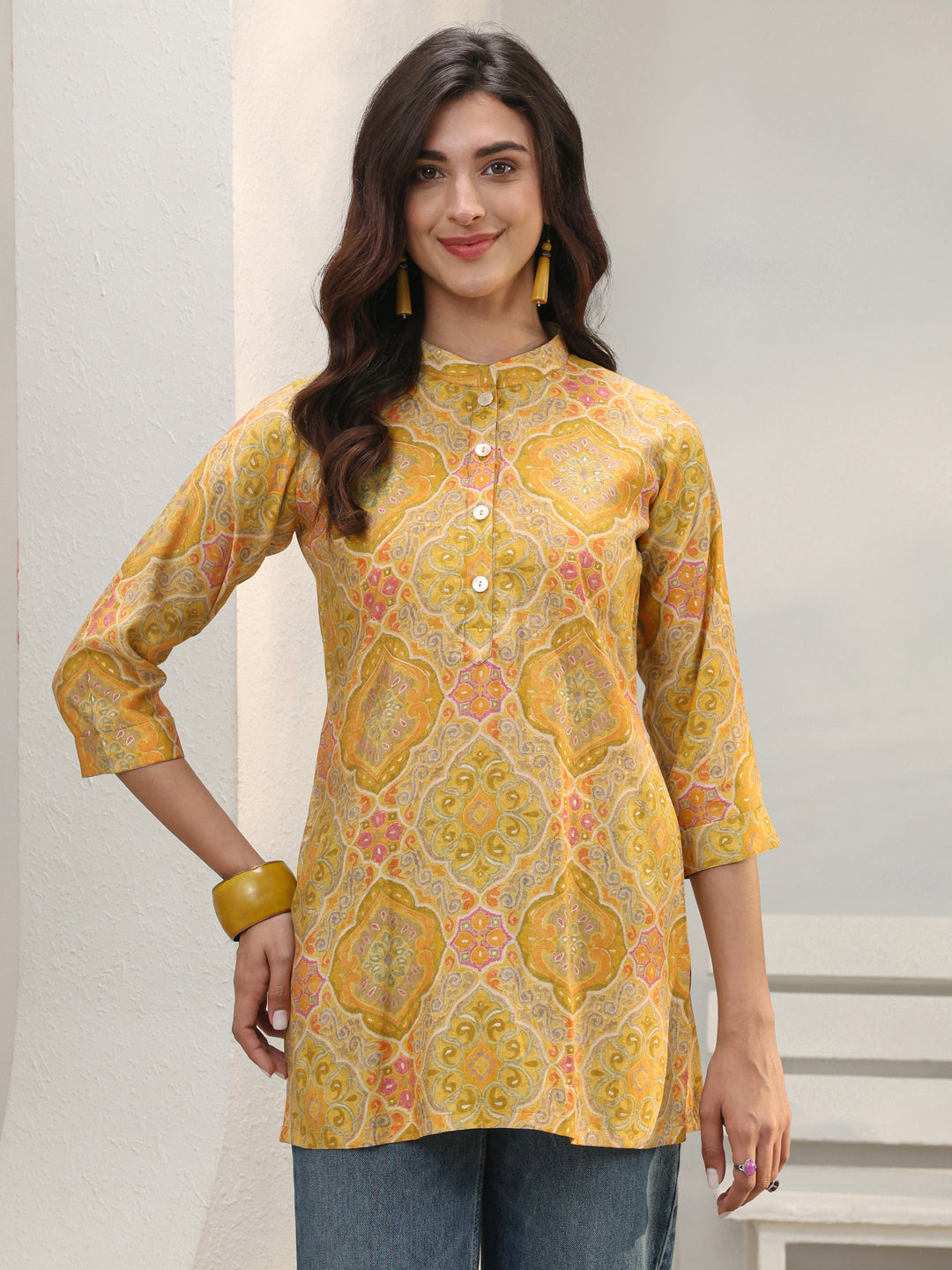 Mustard Ethnic Printed Silk Blend Straight Short Kurti