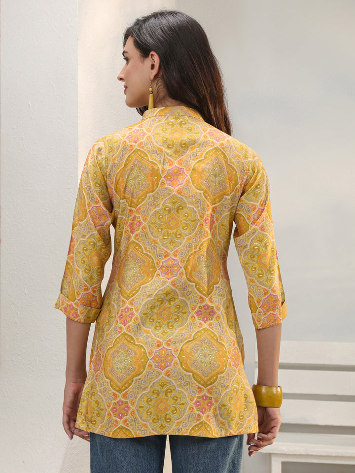 Mustard Ethnic Printed Silk Blend Straight Short Kurti