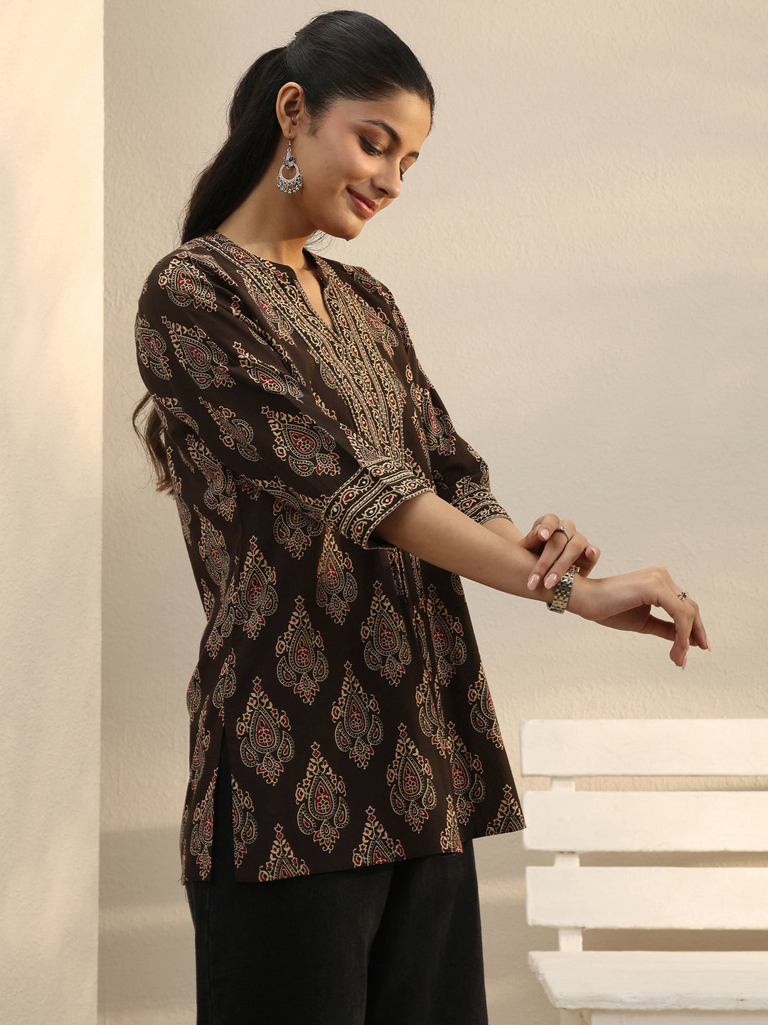 Brown Ethnic Printed Cotton A-Line Short Kurti