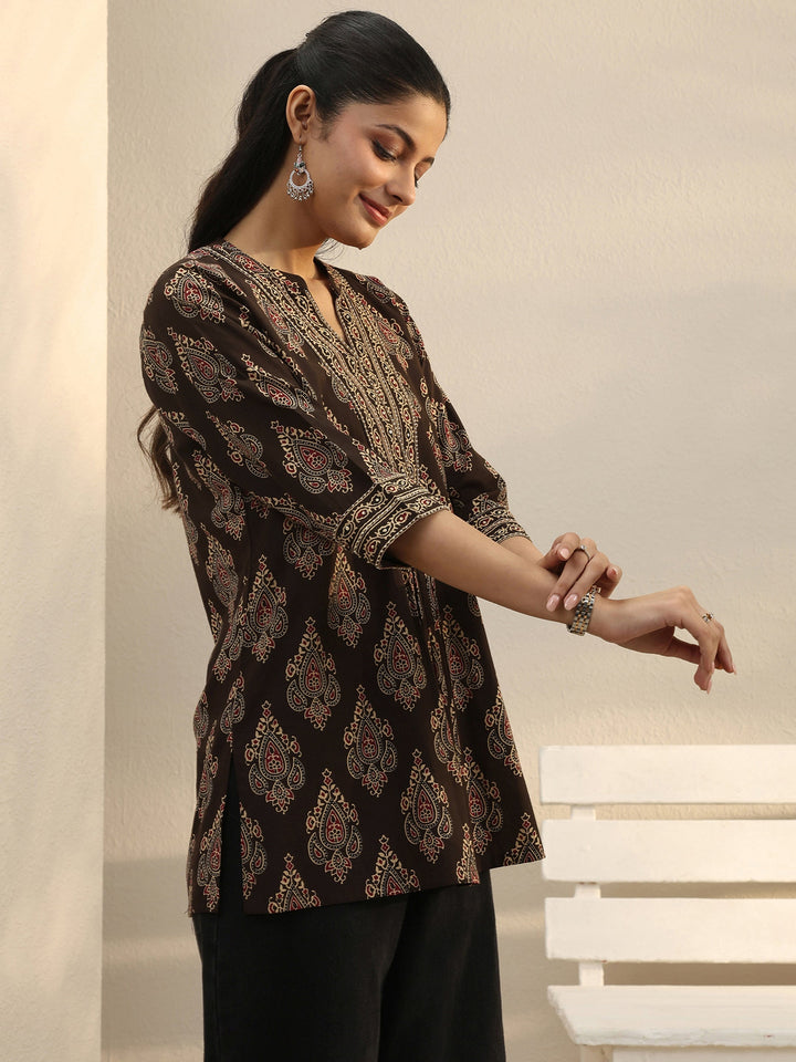 Brown Ethnic Printed Cotton A-Line Short Kurti