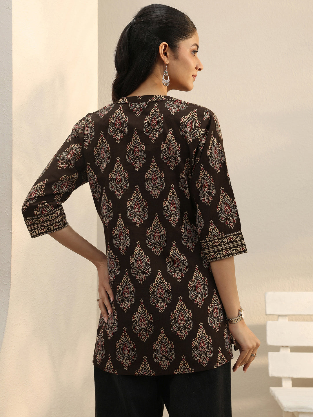 Brown Ethnic Printed Cotton A-Line Short Kurti