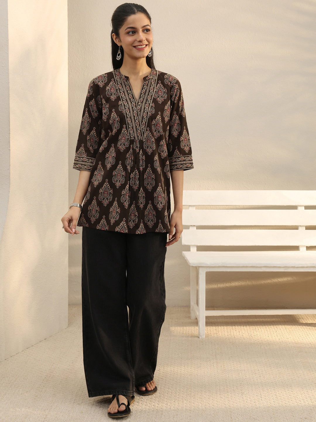 Brown Ethnic Printed Cotton A-Line Short Kurti