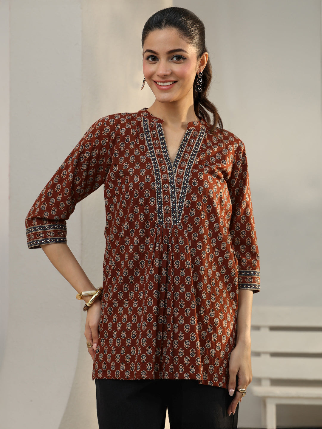 Rust Floral Printed Cotton Straight Short Kurti