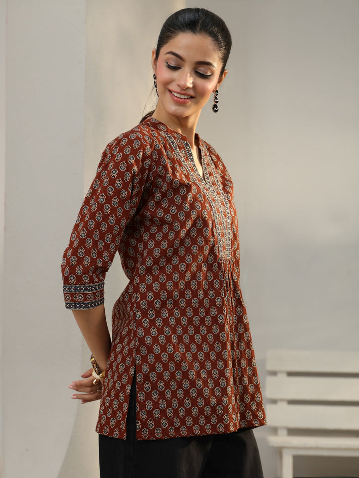Rust Floral Printed Cotton Straight Short Kurti