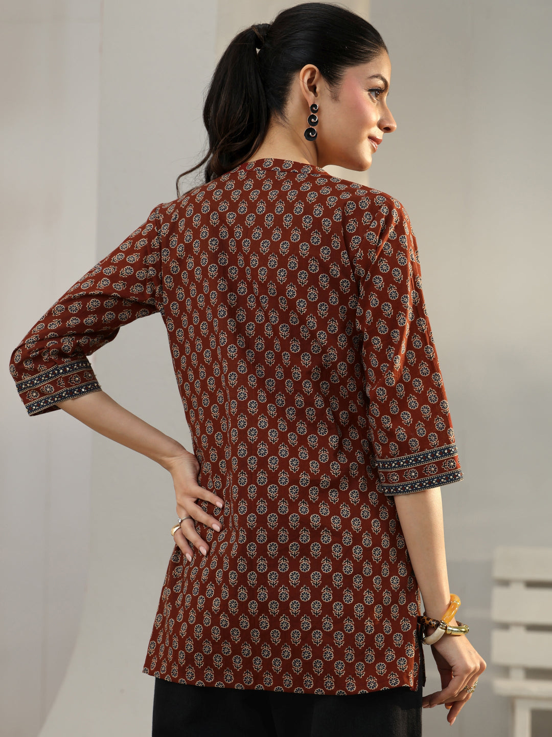 Rust Floral Printed Cotton Straight Short Kurti