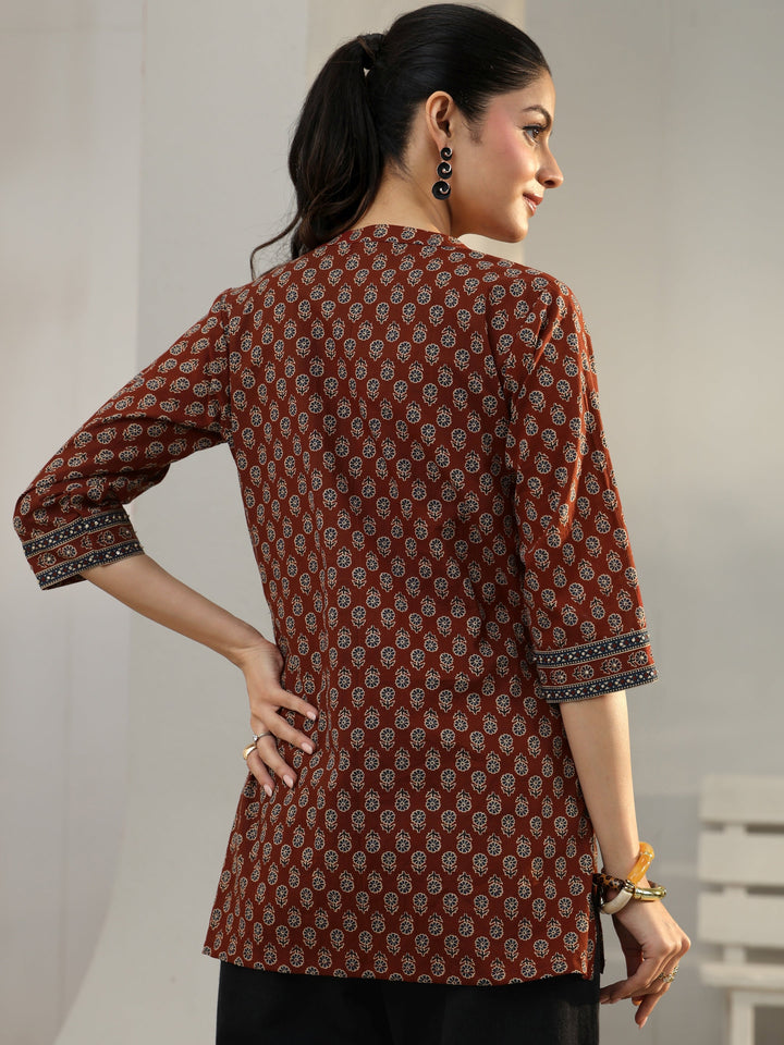 Rust Floral Printed Cotton Straight Short Kurti