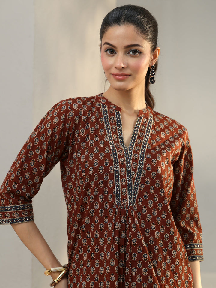 Rust Floral Printed Cotton Straight Short Kurti
