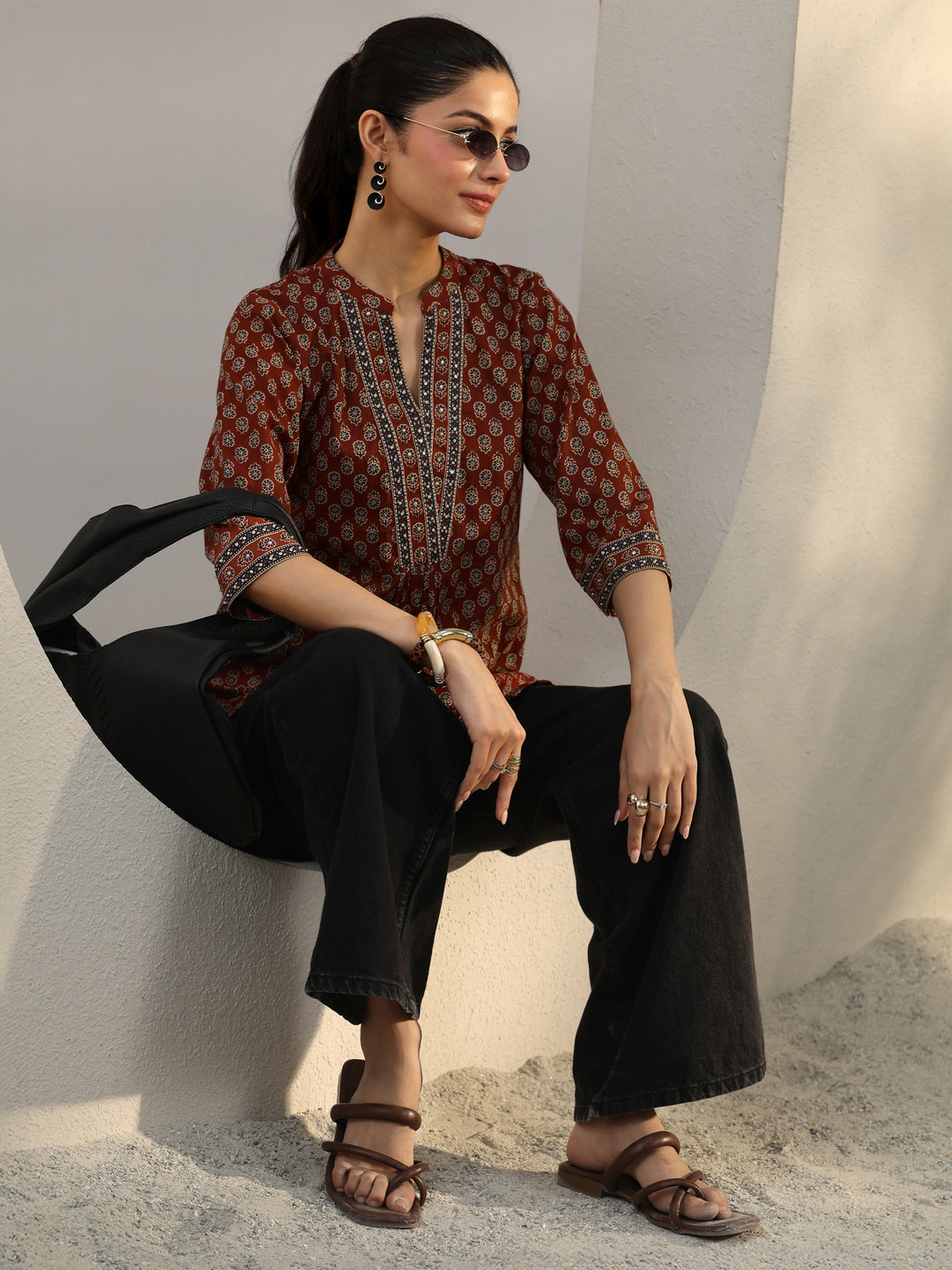 Rust Floral Printed Cotton Straight Short Kurti