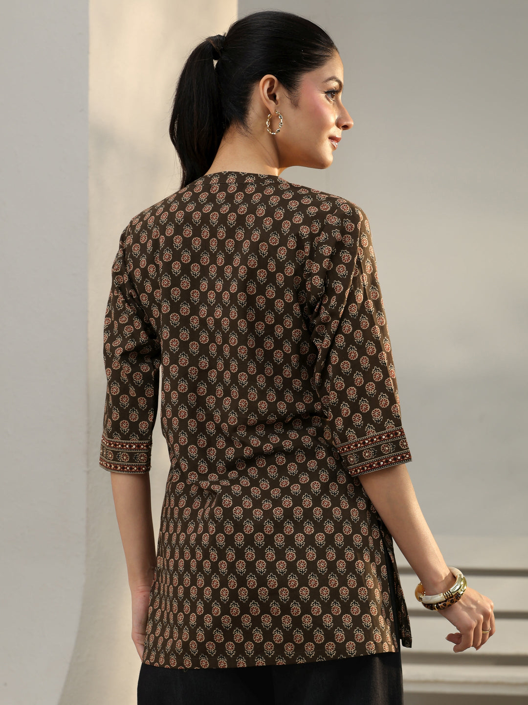 Brown Floral Printed Cotton Straight Short Kurti