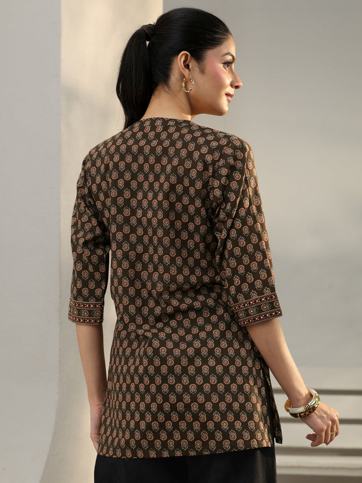Brown Floral Printed Cotton Straight Short Kurti