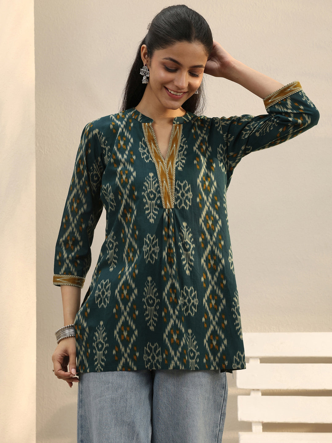Green Ethnic Printed Cotton A-Line Short Kurti