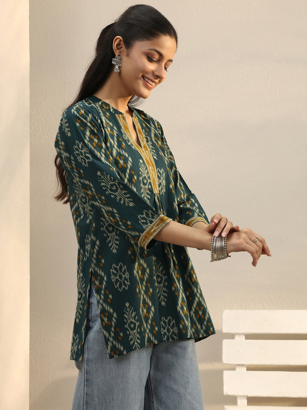 Green Ethnic Printed Cotton A-Line Short Kurti