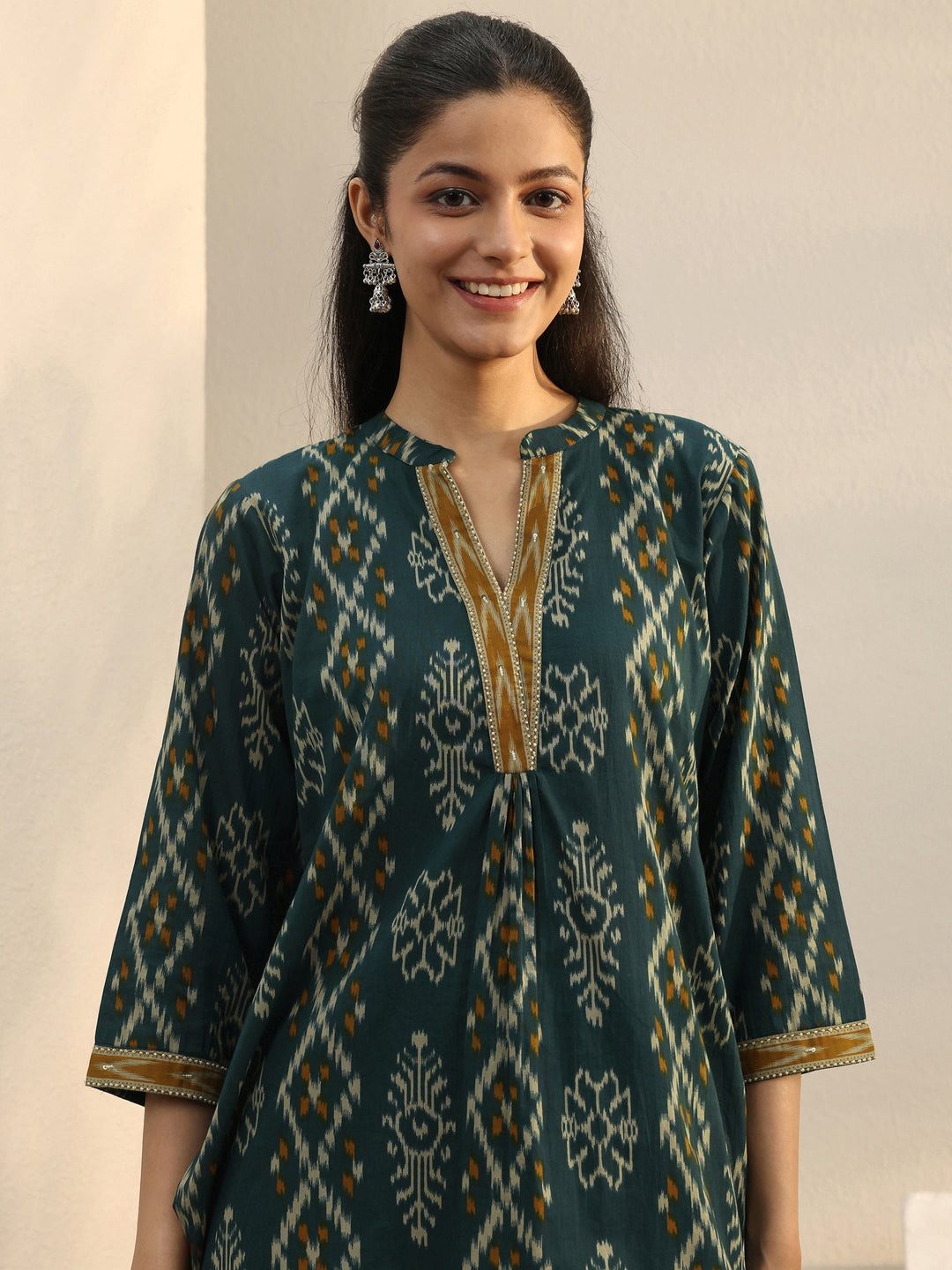 Green Ethnic Printed Cotton A-Line Short Kurti