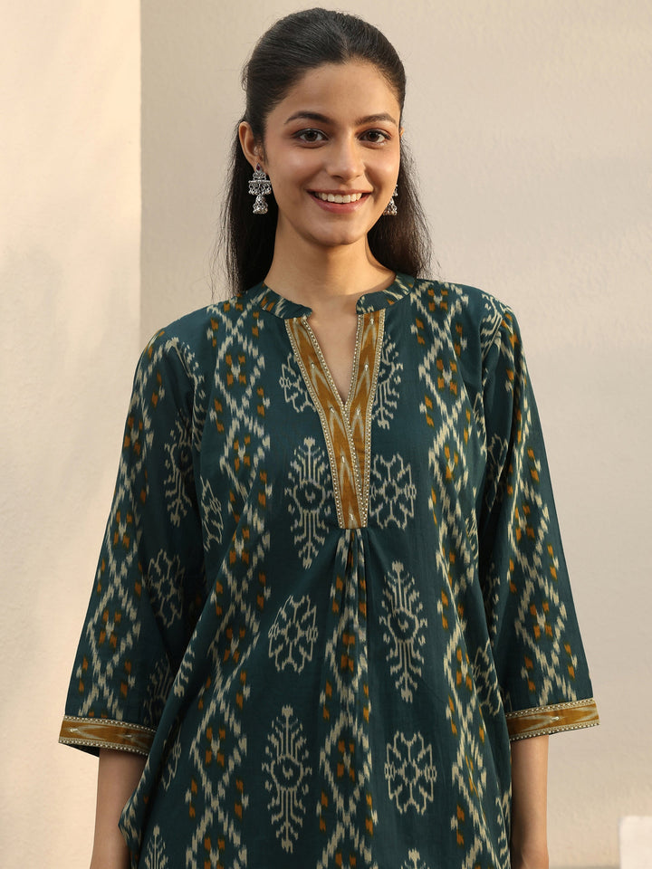 Green Ethnic Printed Cotton A-Line Short Kurti