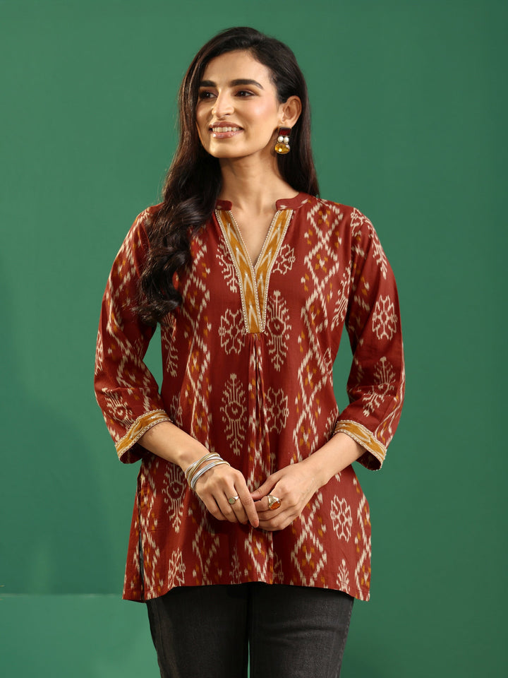 Libas Rust Brown Printed Cotton Short Kurti