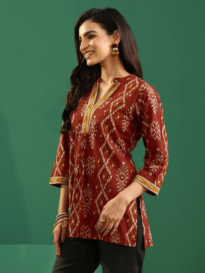 Libas Rust Brown Printed Cotton Short Kurti