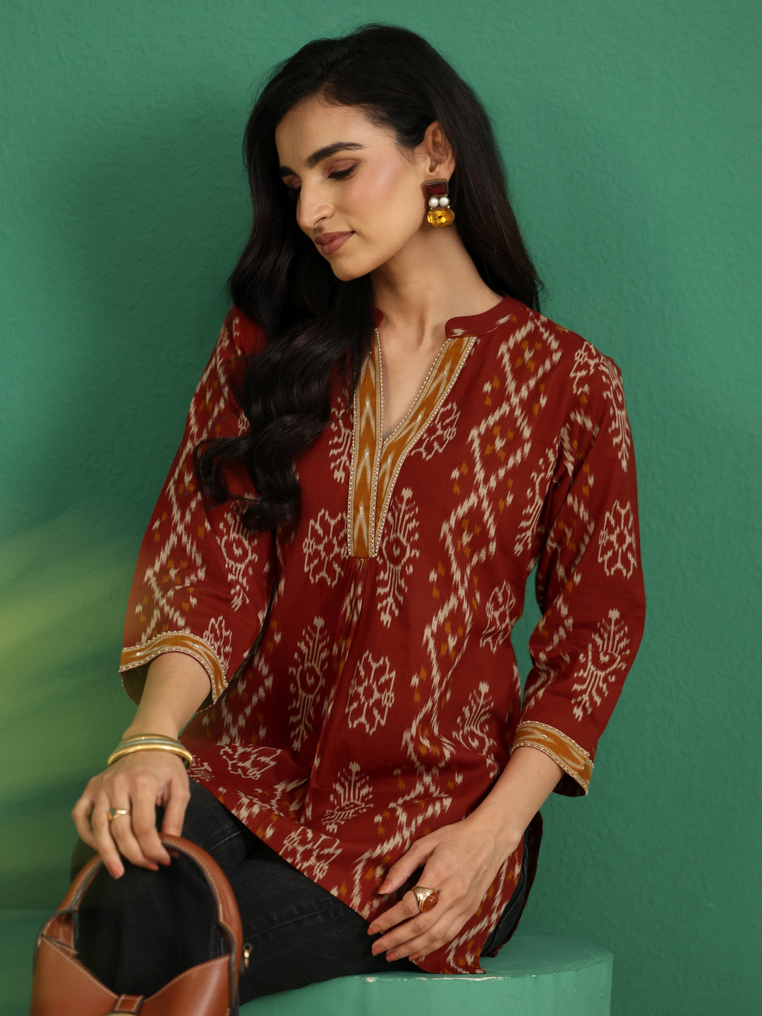 Libas Rust Brown Printed Cotton Short Kurti