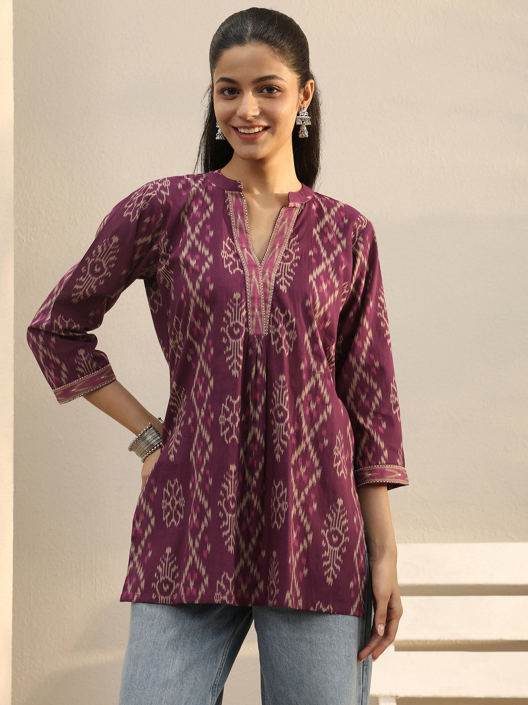 Purple Ethnic Printed Cotton A-Line Short Kurti