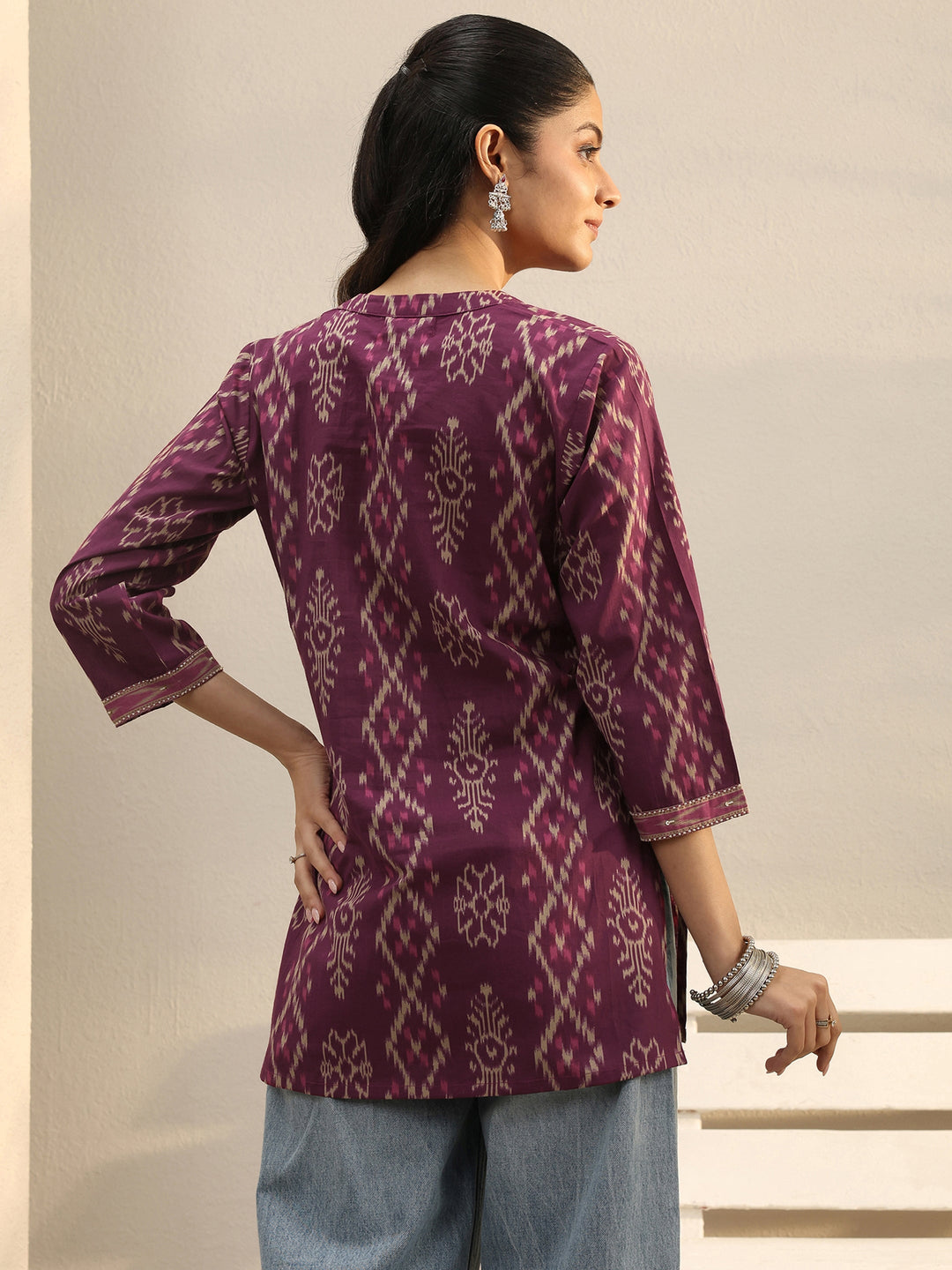 Purple Ethnic Printed Cotton A-Line Short Kurti