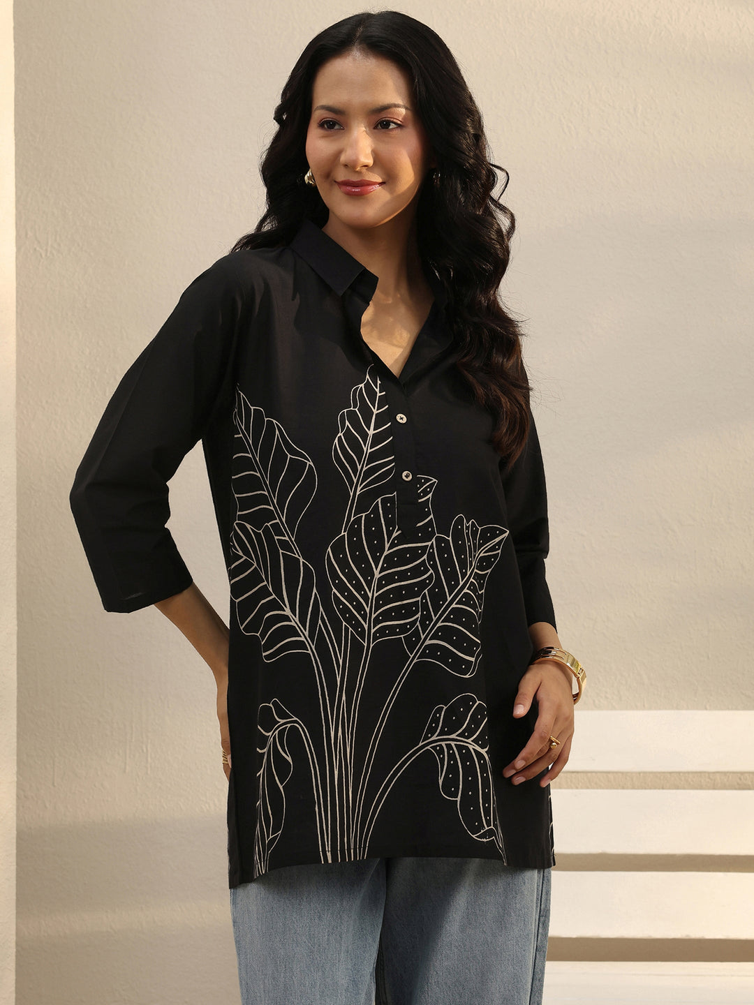 Black Floral Printed Cotton Straight Tunic