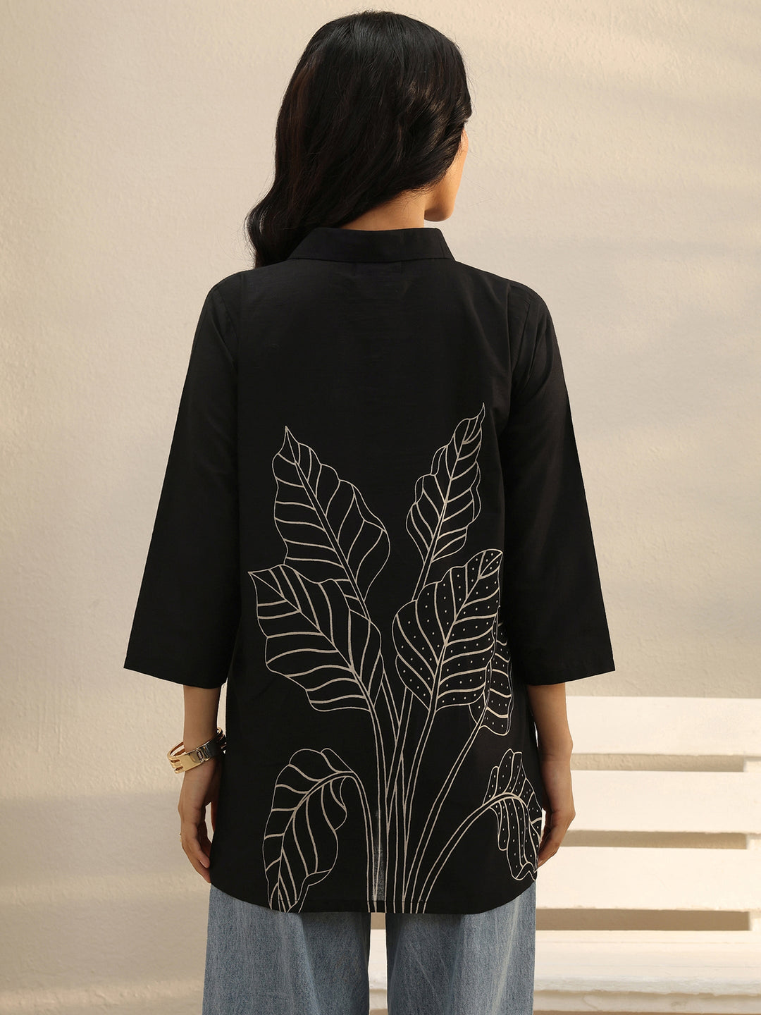 Black Floral Printed Cotton Straight Tunic